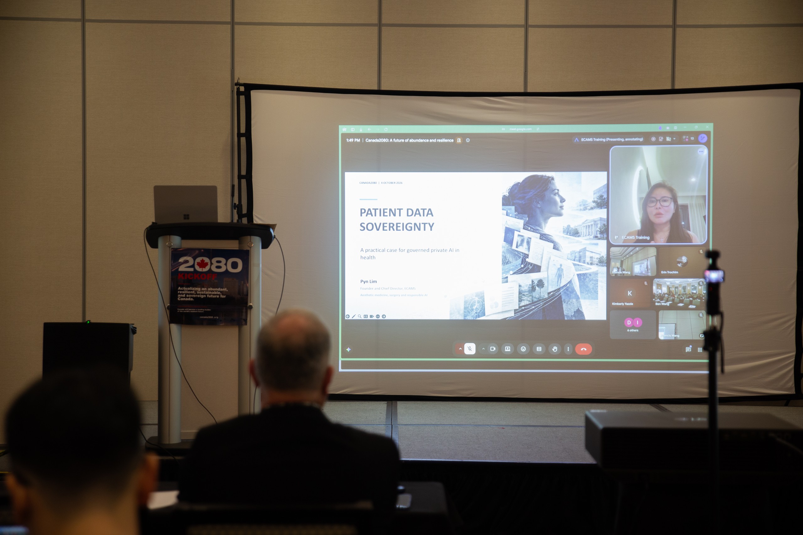 Pyn Lim on the screen beside her slide, Patient data sovereignty.